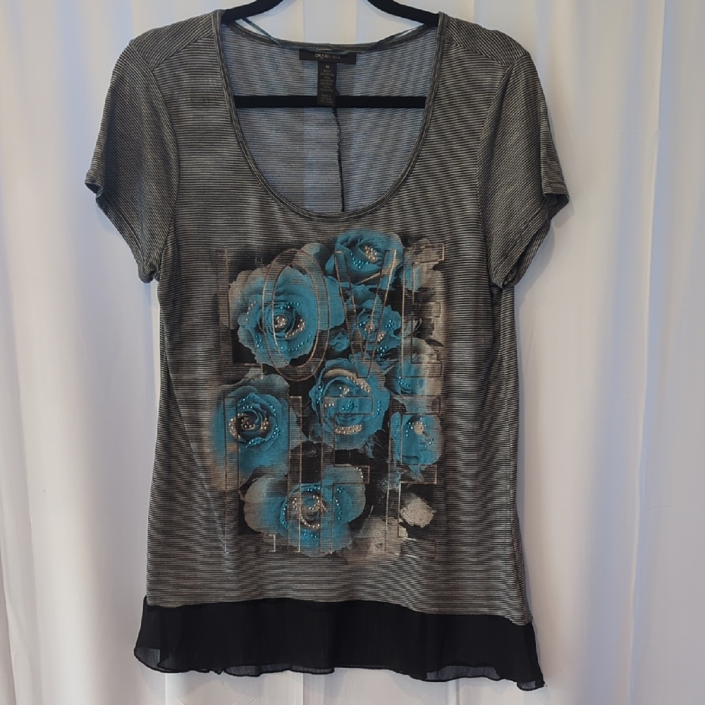Style & Co Gray Floral Graphic Love Life Short Sleeve Top Black Scarf Trim MED